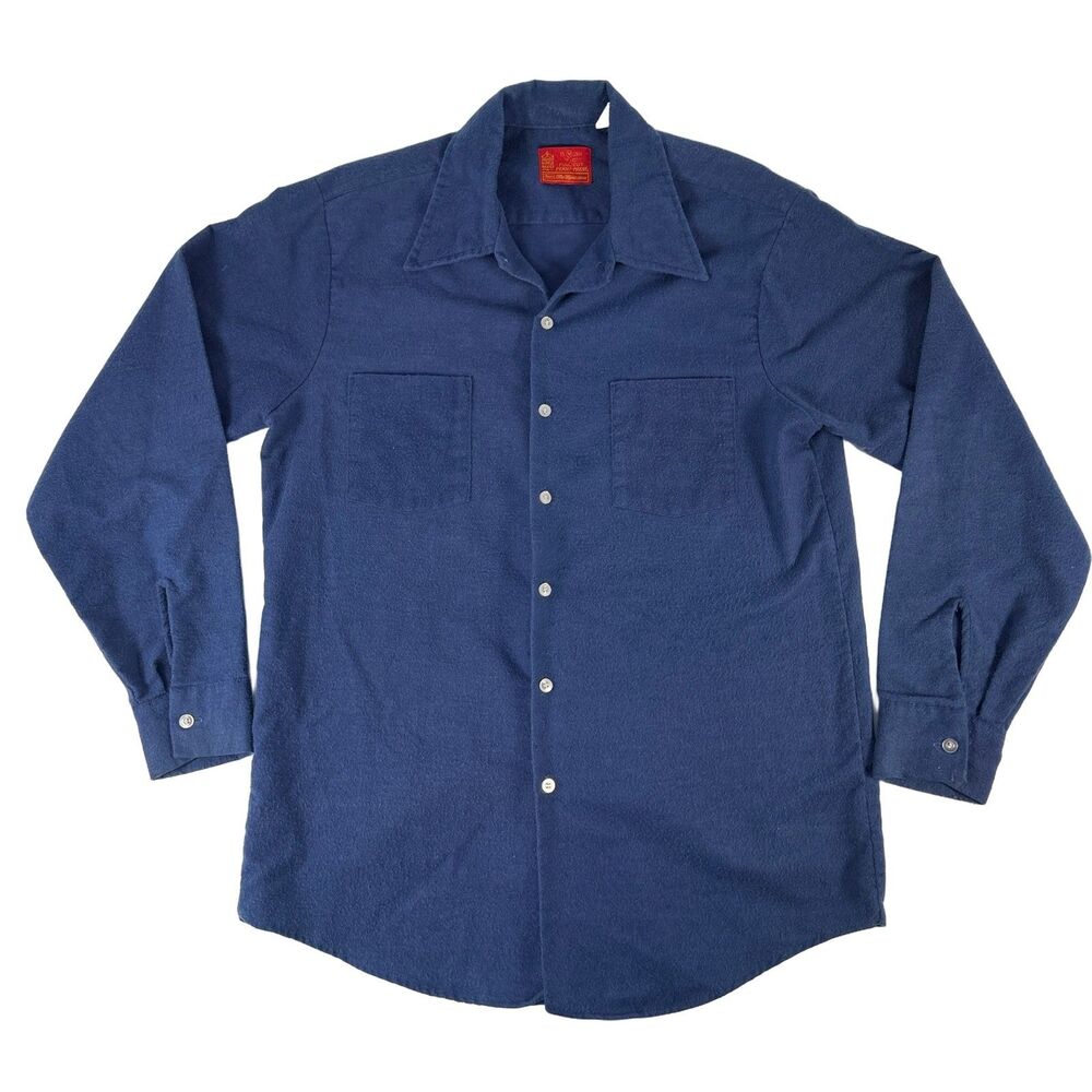 Kings Road Sears Perma-Prest Blue Flannel Shirt Full Cut Mens M 15-15.5